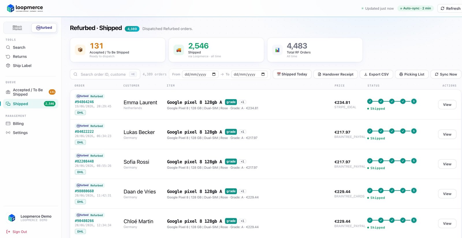 Shipped orders with handover receipt, export and picking list buttons