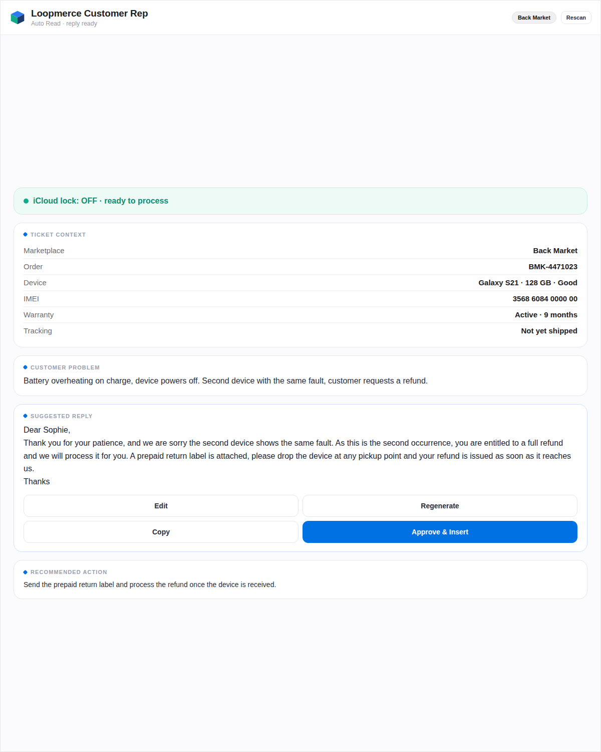 The side panel showing ticket context, the customer problem, a suggested reply with review controls and the recommended action