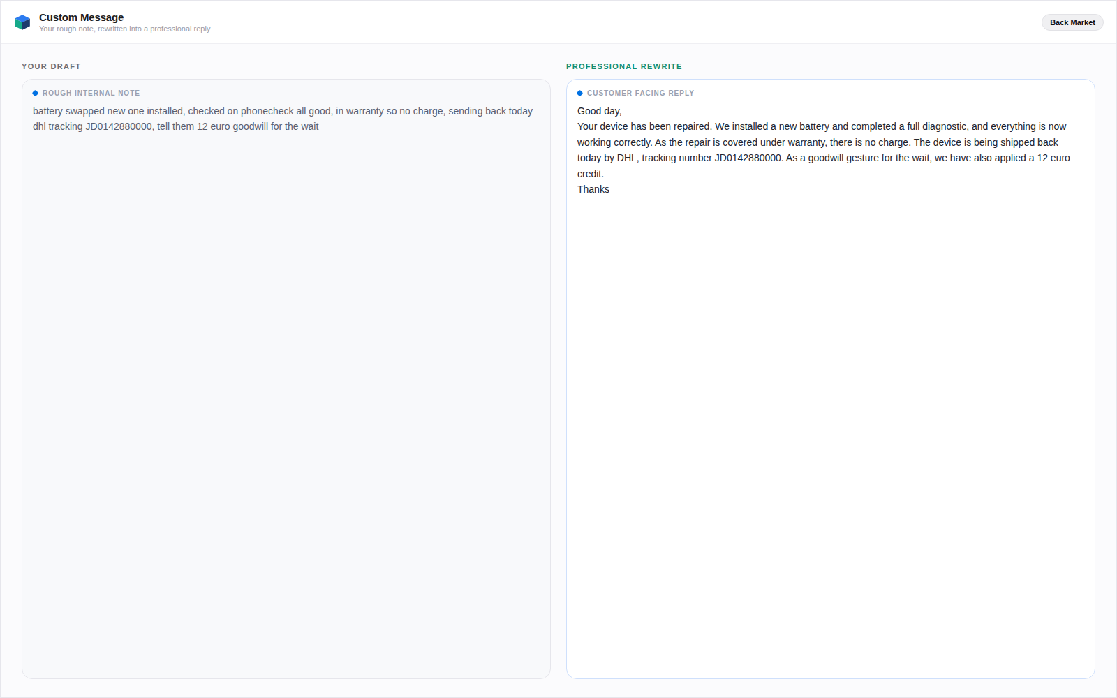 A rough internal note on the left rewritten into a clear, professional customer response on the right