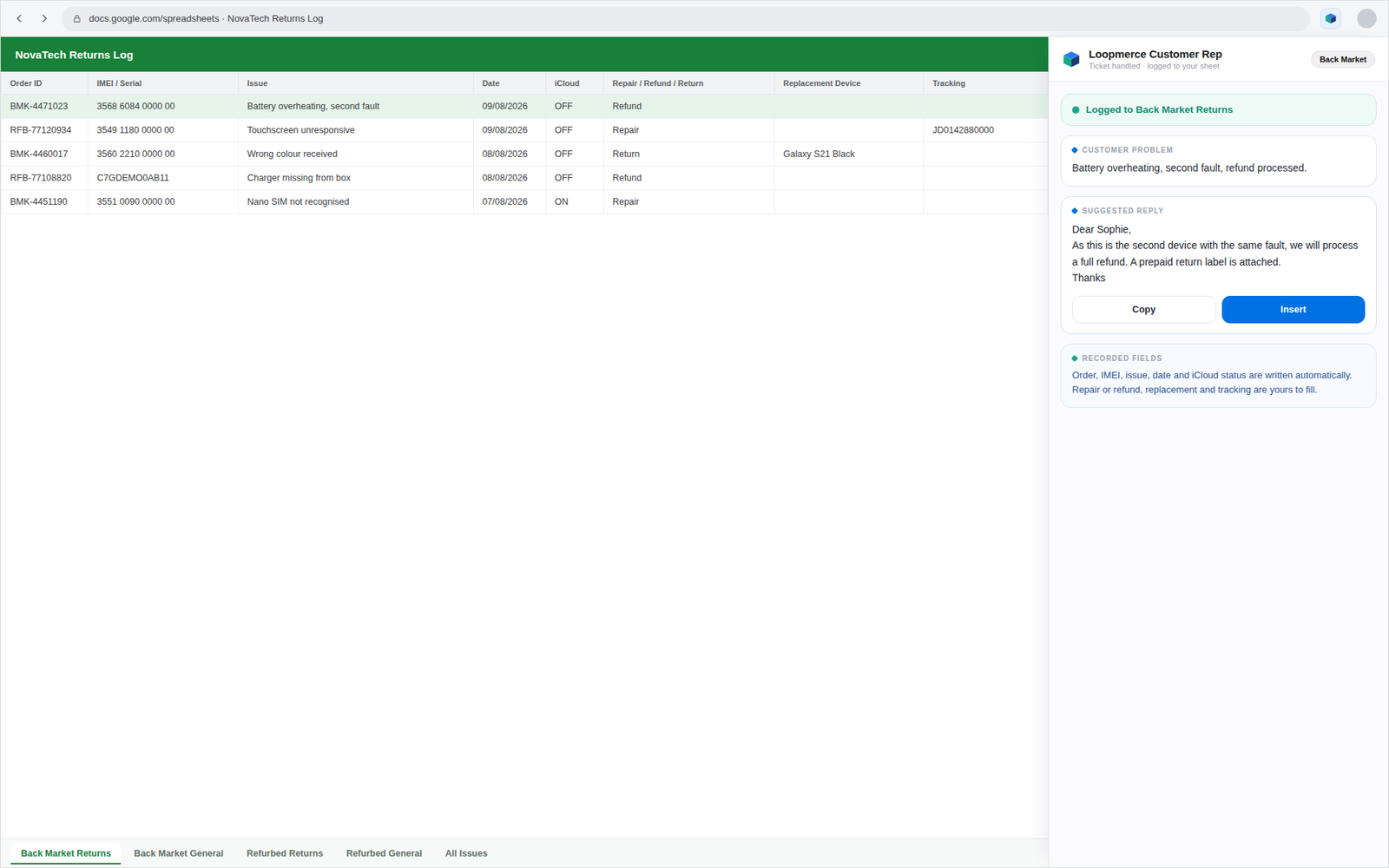 A connected Google Sheet with separate marketplace and case tabs and a handled ticket logged as a new row