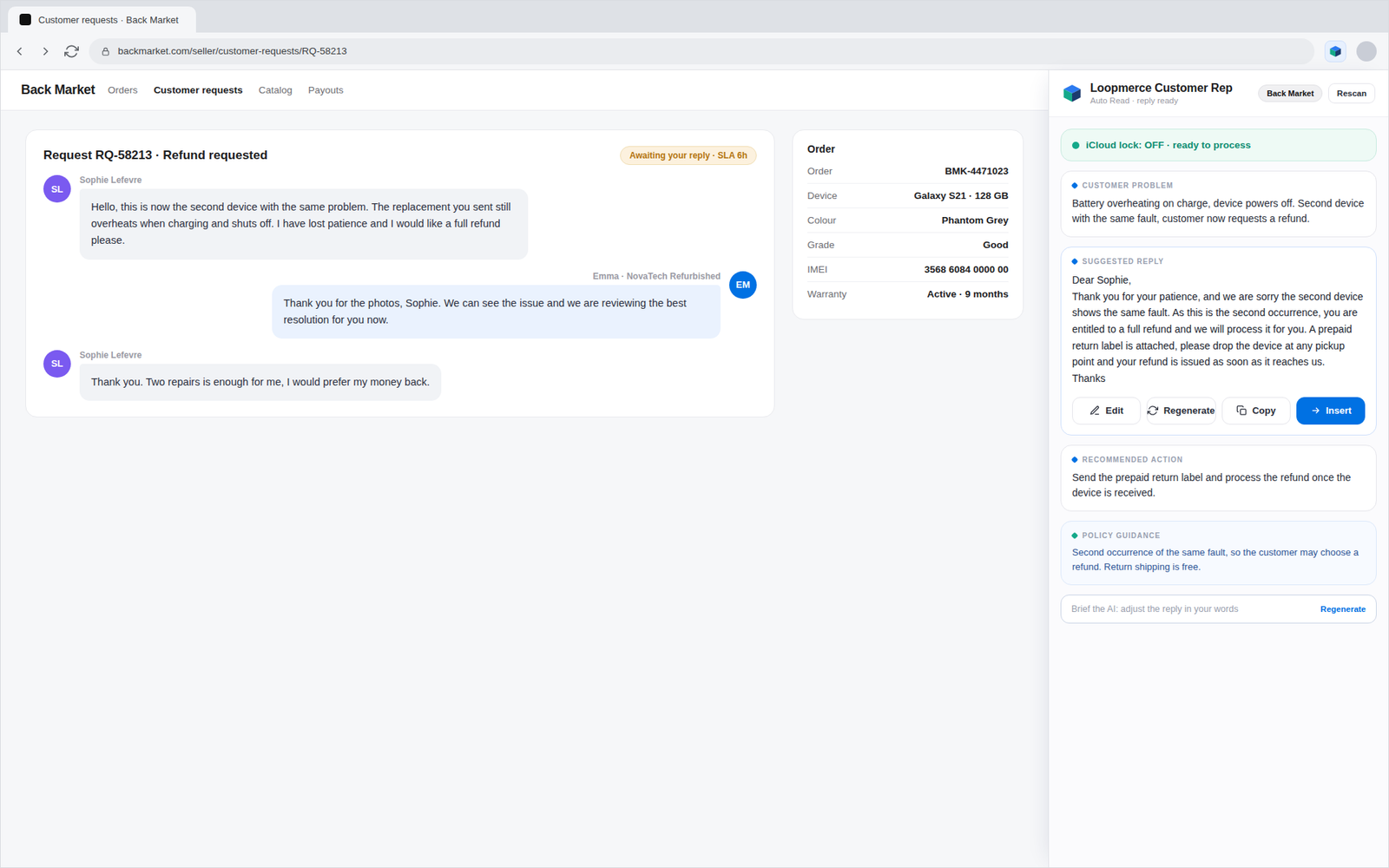 A Back Market seller ticket open in Chrome with the Loopmerce Customer Rep panel docked on the right, showing the customer problem, a suggested reply with edit, regenerate, copy and insert controls, the recommended action and policy guidance