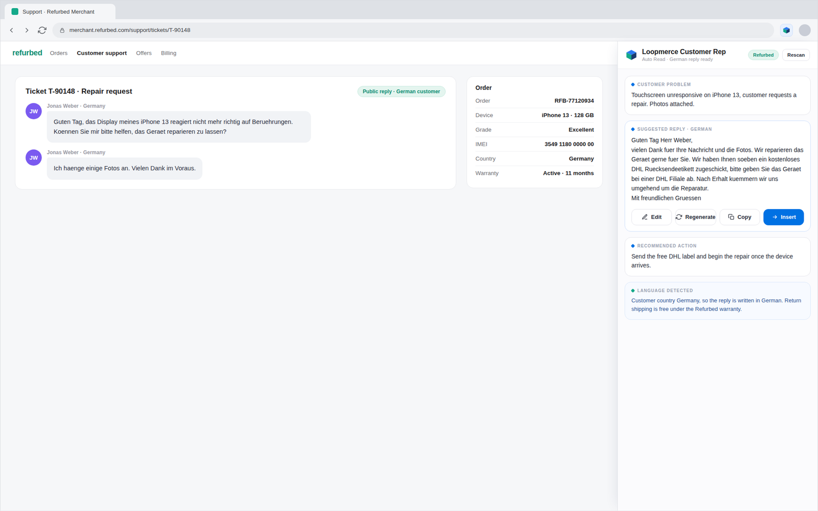 A Refurbed seller support ticket in Chrome with the Loopmerce side panel docked on the right, linking the customer conversation to the generated reply and next action