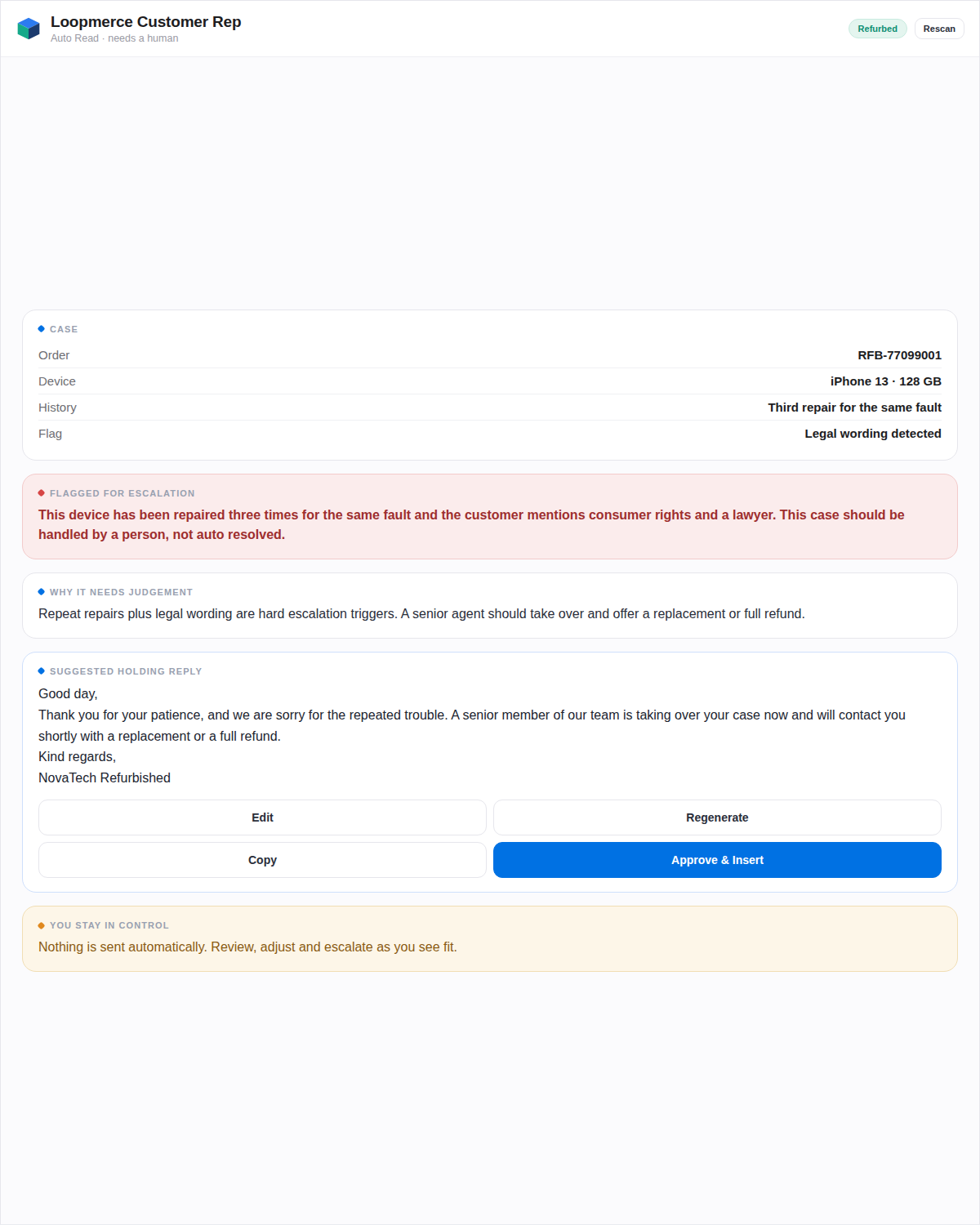 A complex case flagged for human review, ready for an agent to escalate