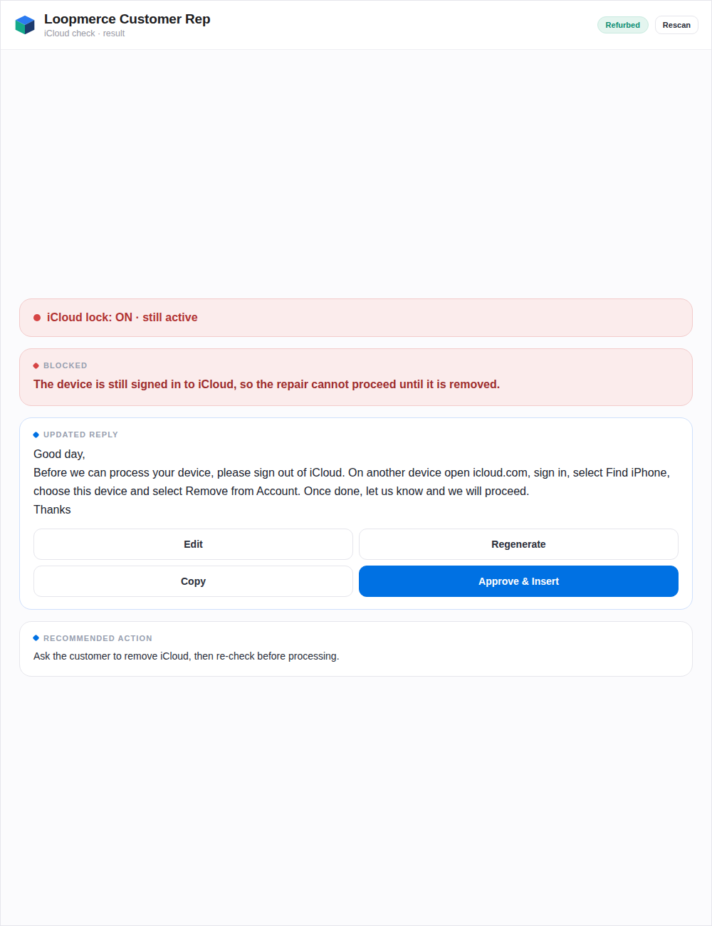 A locked result with updated reply guidance for a device that is still activation locked
