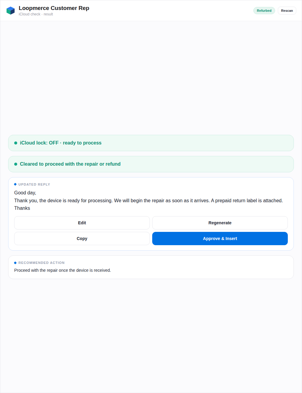 An unlocked result with updated reply guidance for a device that is ready to process