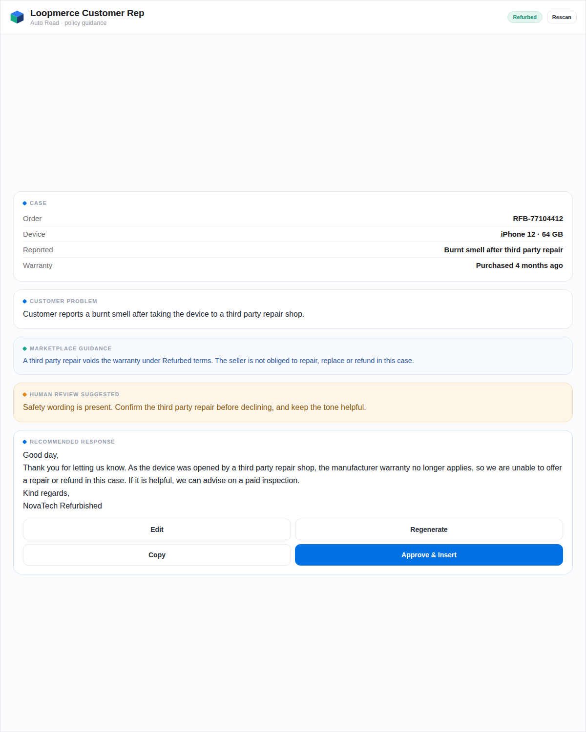 Policy guidance shown beside the reply, giving the applicable rule and the next step for the case
