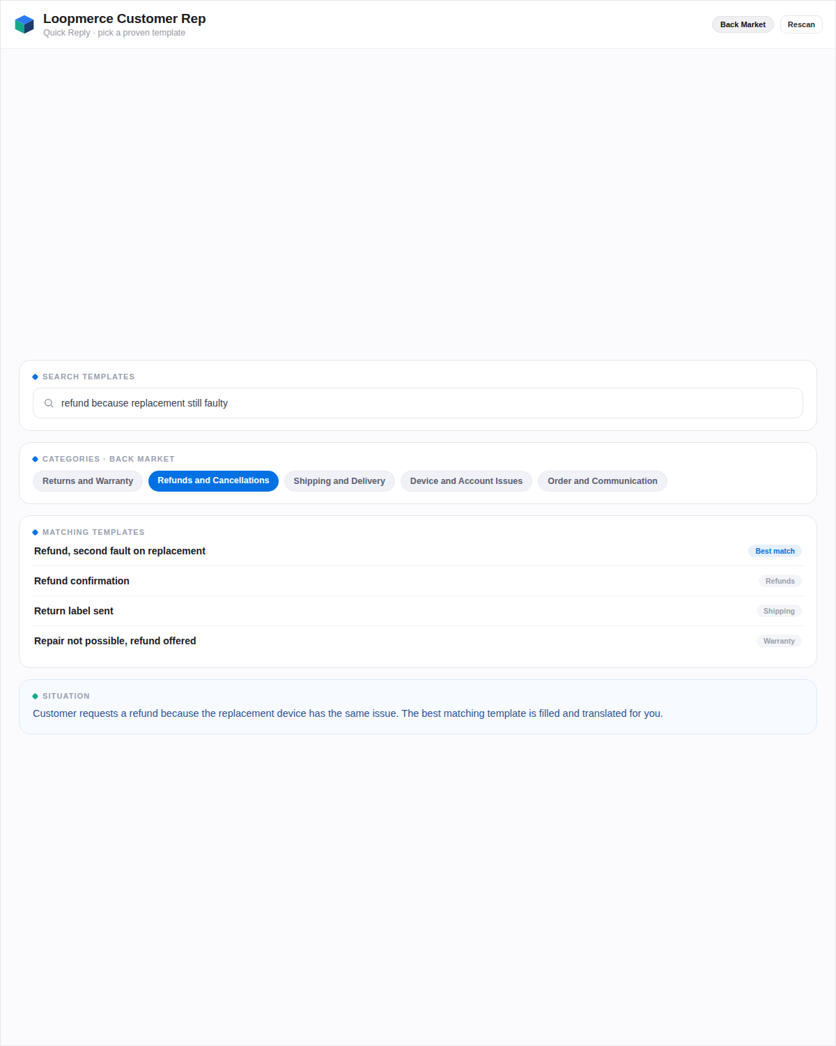 The Quick Reply library grouped into categories with a search field and template previews