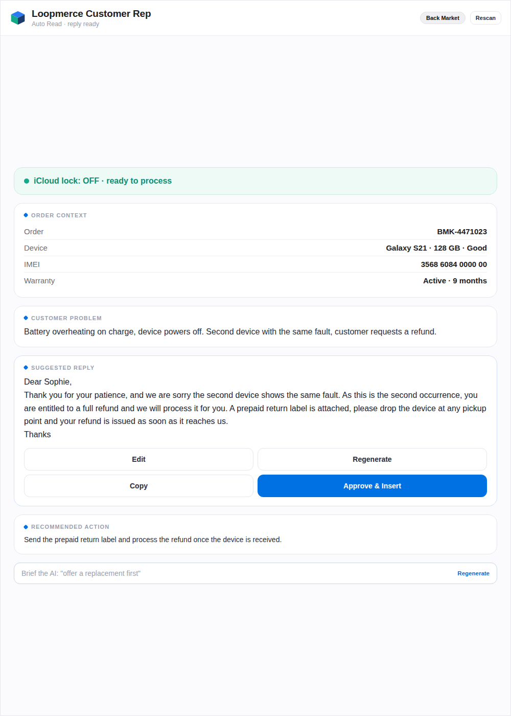 Close-up of the Loopmerce side panel with order context, customer problem and a suggested reply ready for review
