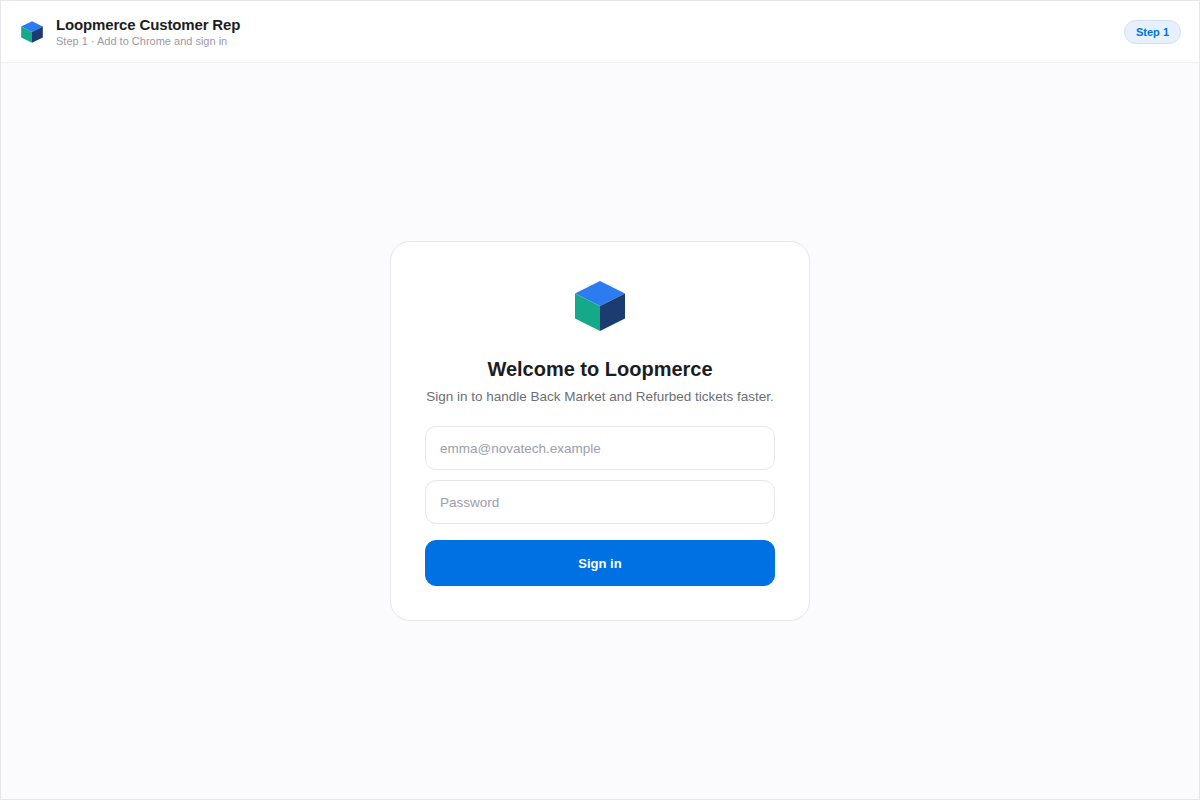 The Loopmerce Customer Rep extension in Google Chrome, ready to sign in