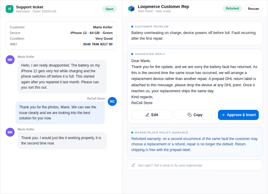 Loopmerce Customer Rep, AI-drafted, on-policy support reply