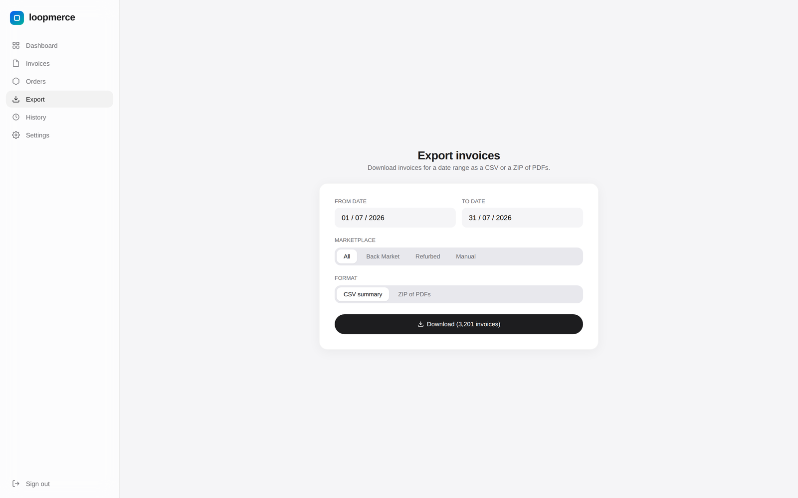 Accountant export with date range, filters and CSV or ZIP download