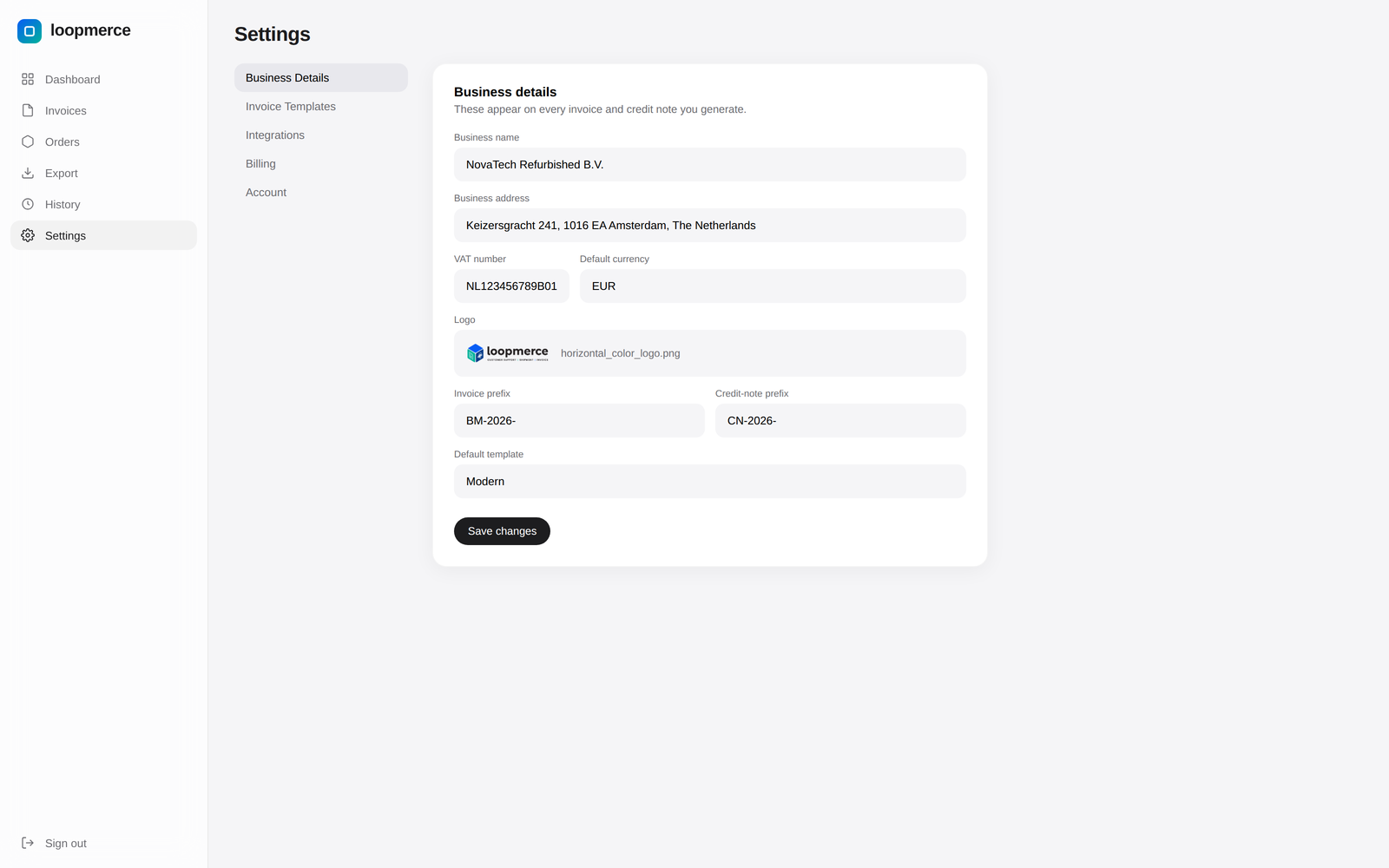 Branding settings: business name, address, VAT number, logo, default currency and default template