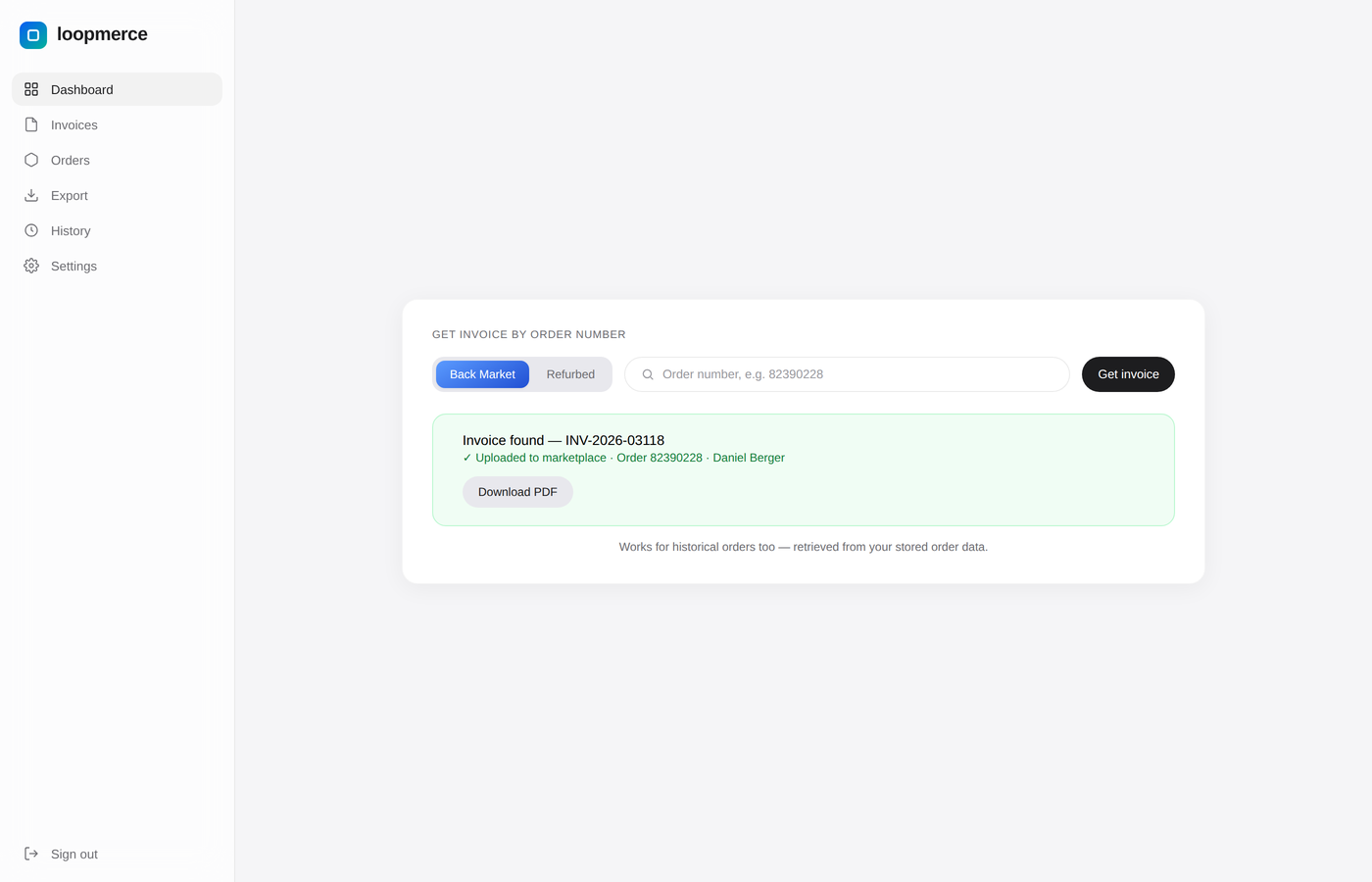 Retrieve an invoice by marketplace order number, including historical orders