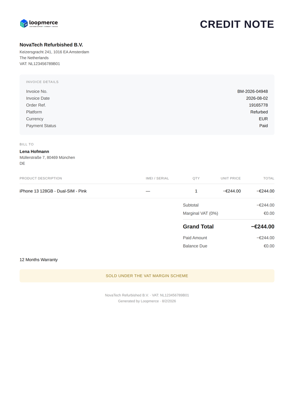 Branded credit note generated for a returned order