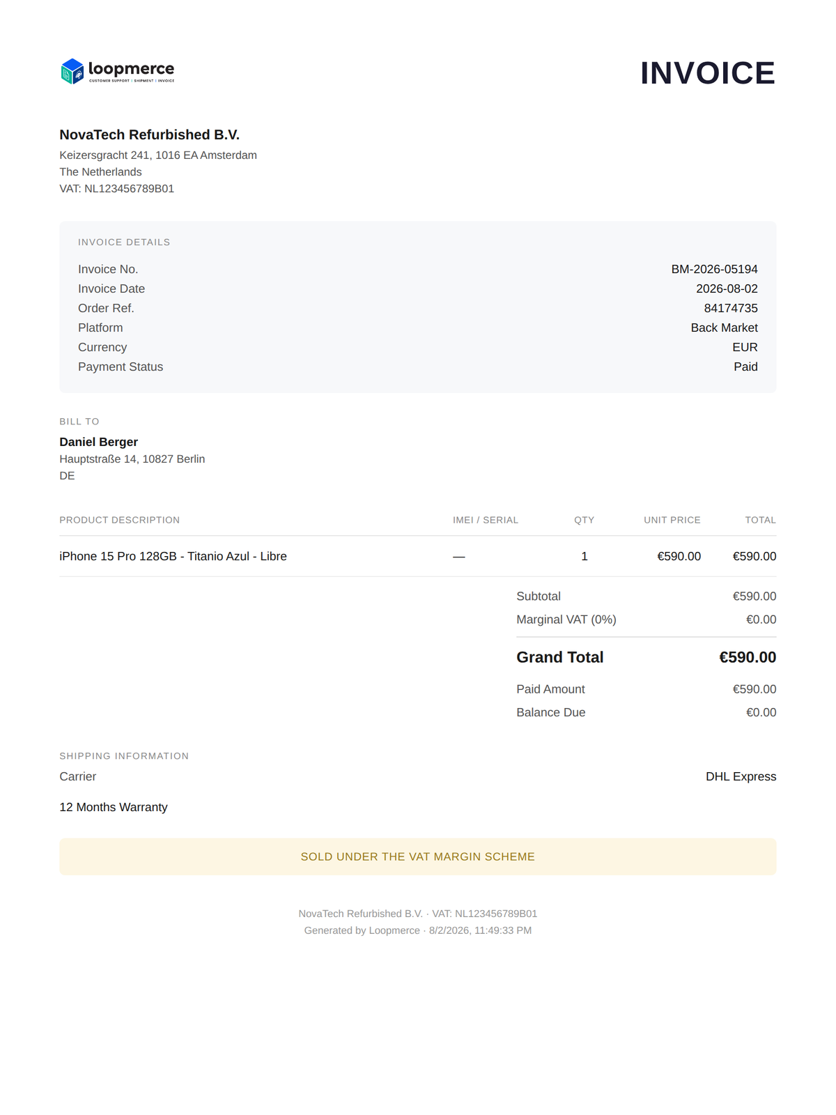 Branded PDF invoice generated by Loopmerce for a Back Market order