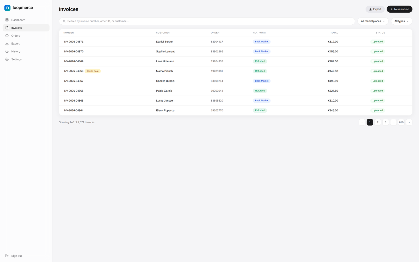 Invoice and credit-note management with search, filters and upload status