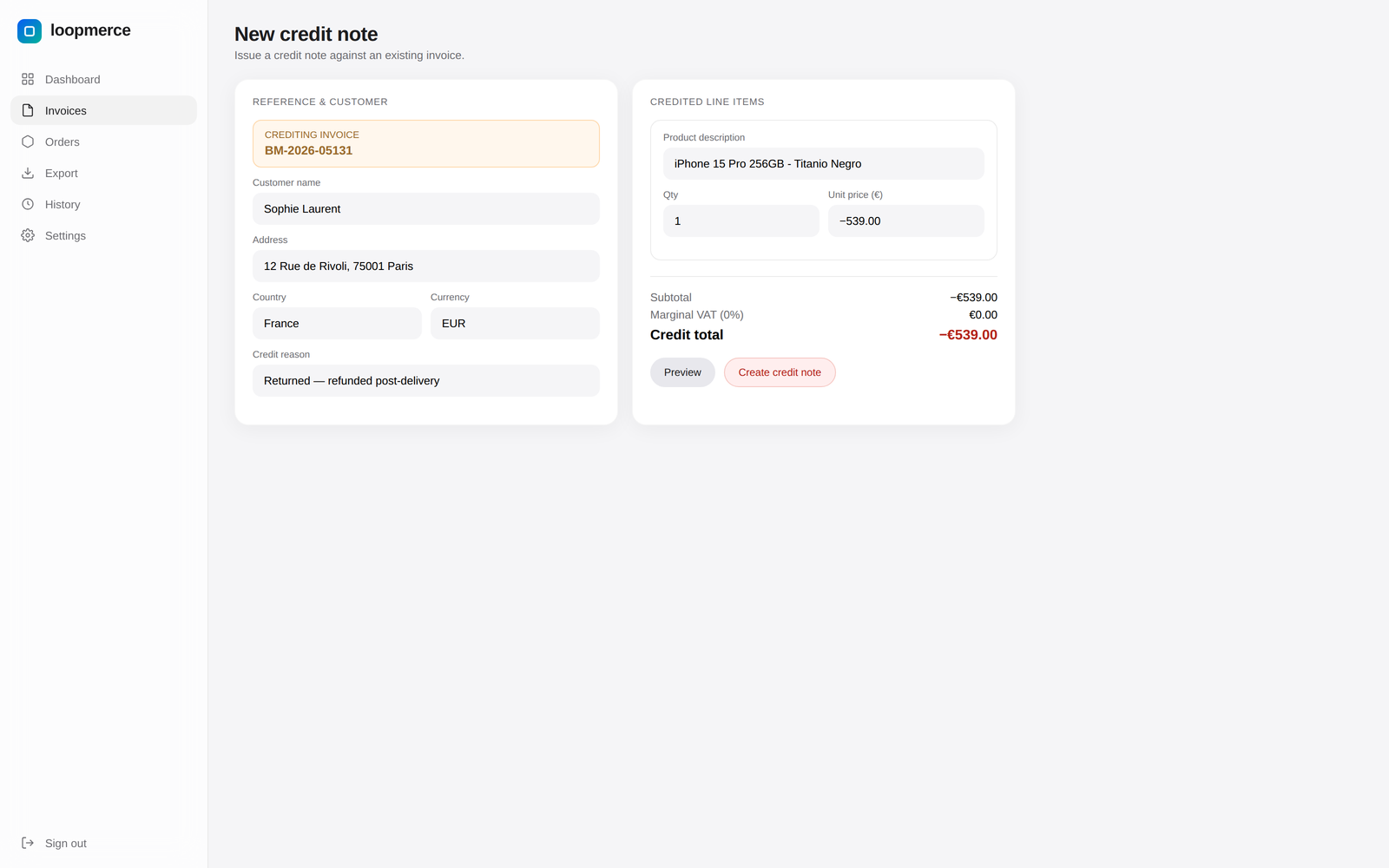 Manual credit note referencing the original invoice with credited items, reason and amount