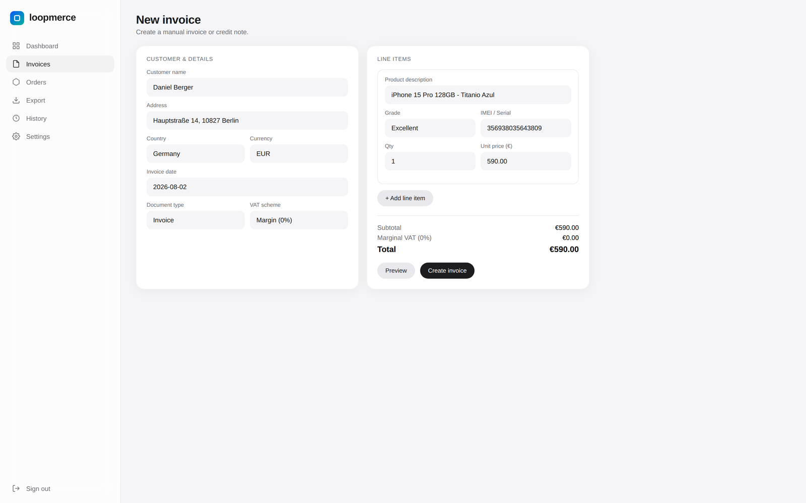 Manual invoice form with customer, line items, product grade, IMEI, quantity, price and VAT