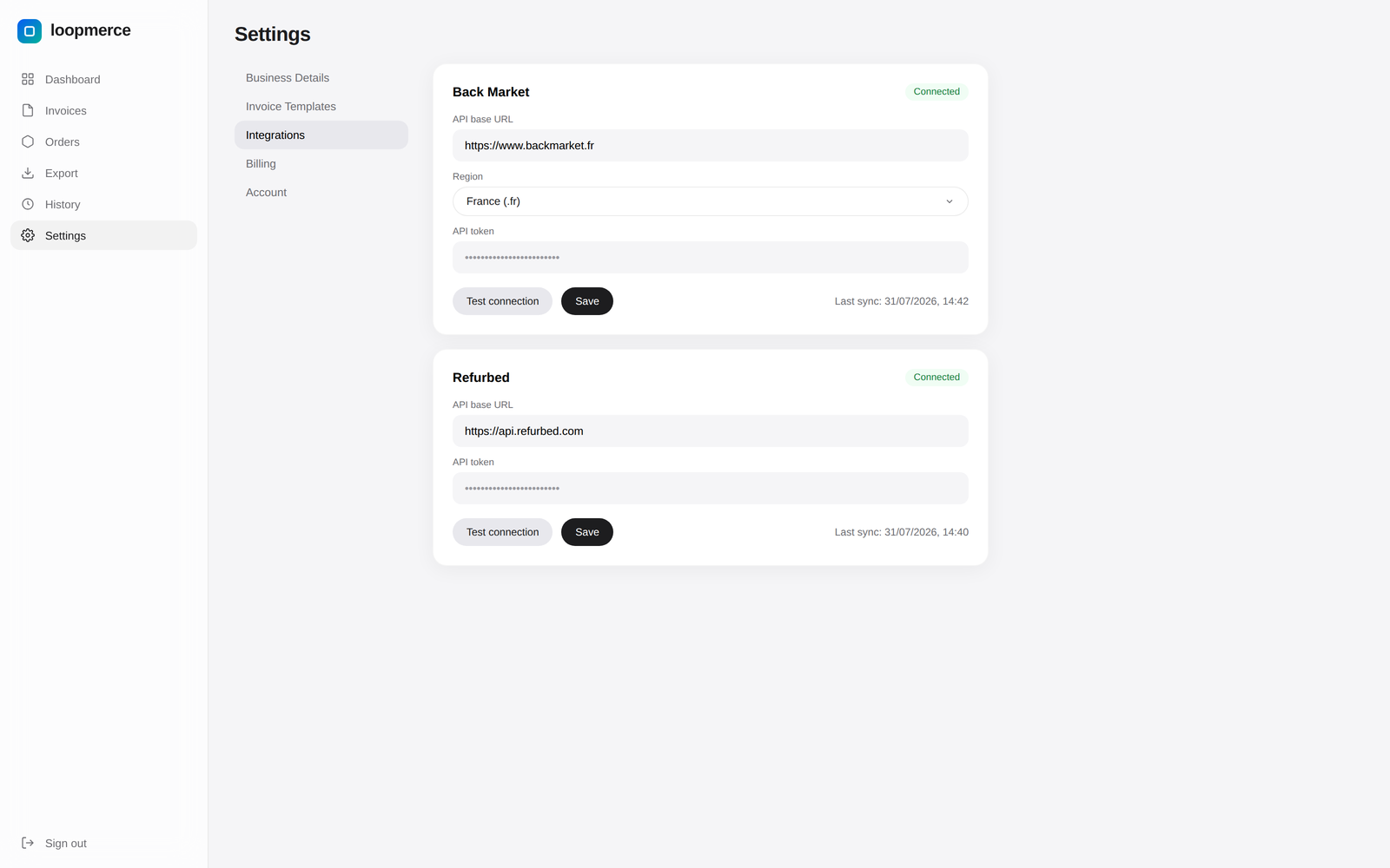 Back Market and Refurbed marketplace connections in Settings