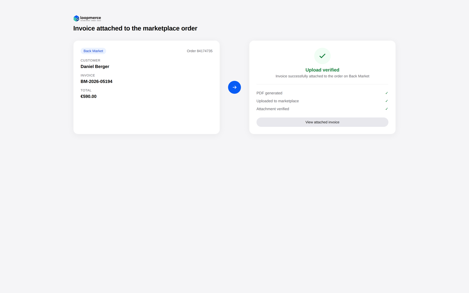 Invoice uploaded to the marketplace order and verified