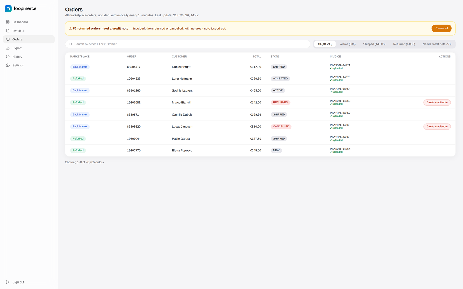 Orders dashboard with marketplace, customer, state and invoice columns