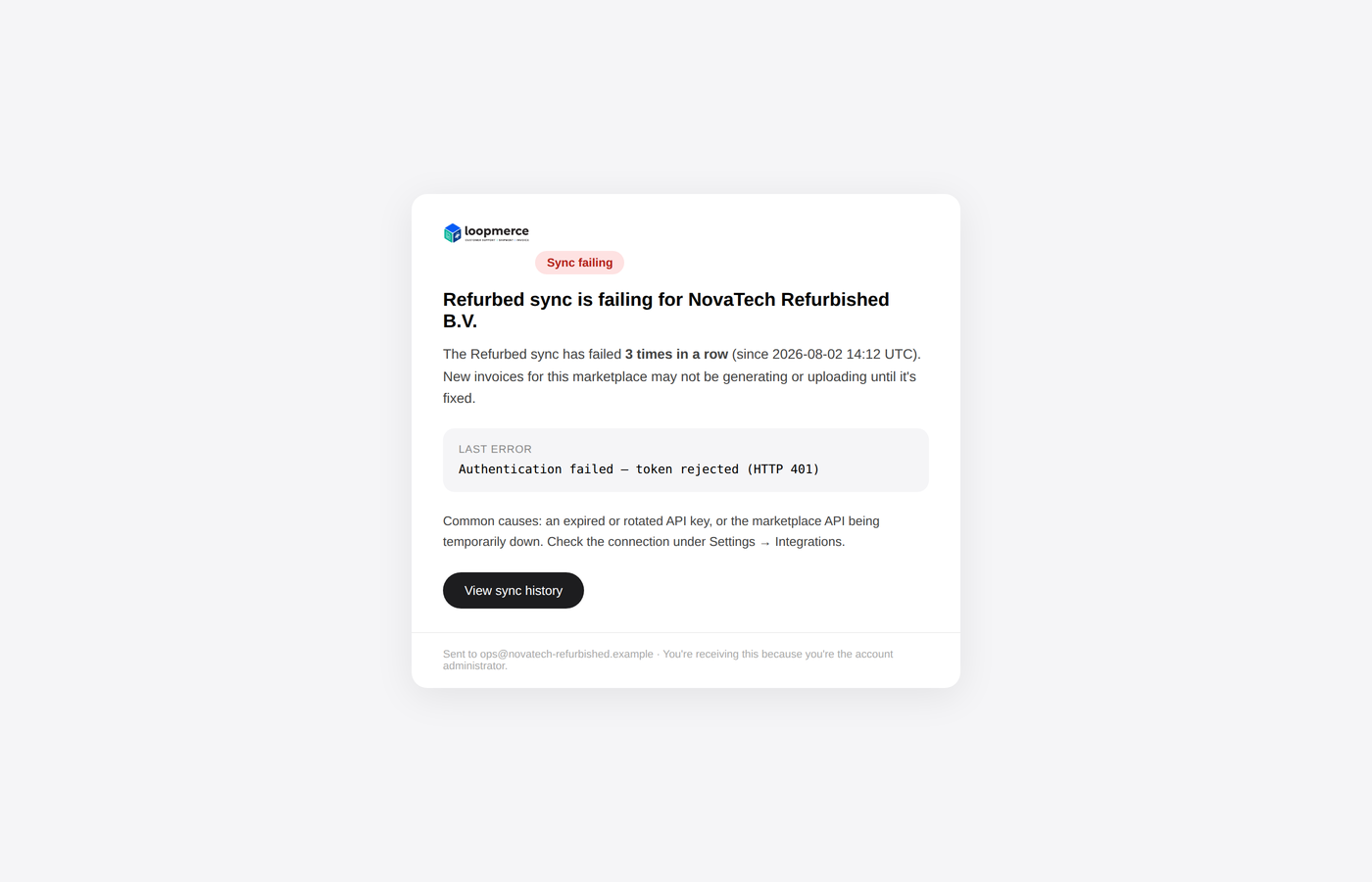 Automatic sync-failure email alert with the affected marketplace, failure time and recommended action