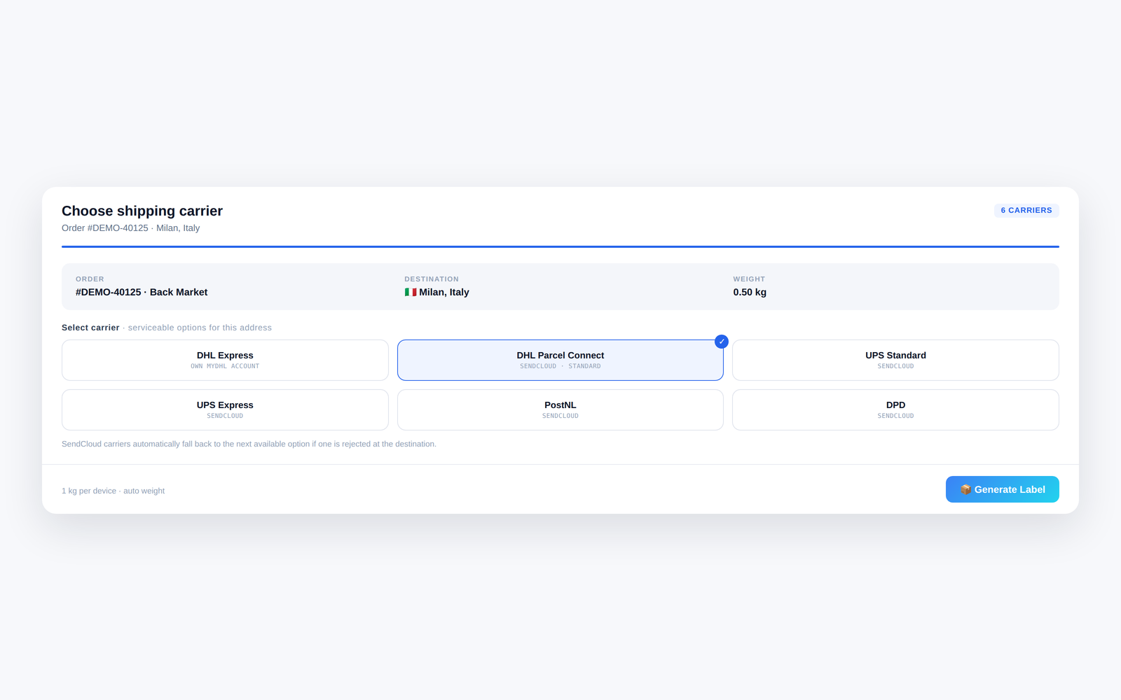 Carrier selection with auto-carrier mode choosing the best option by destination and weight