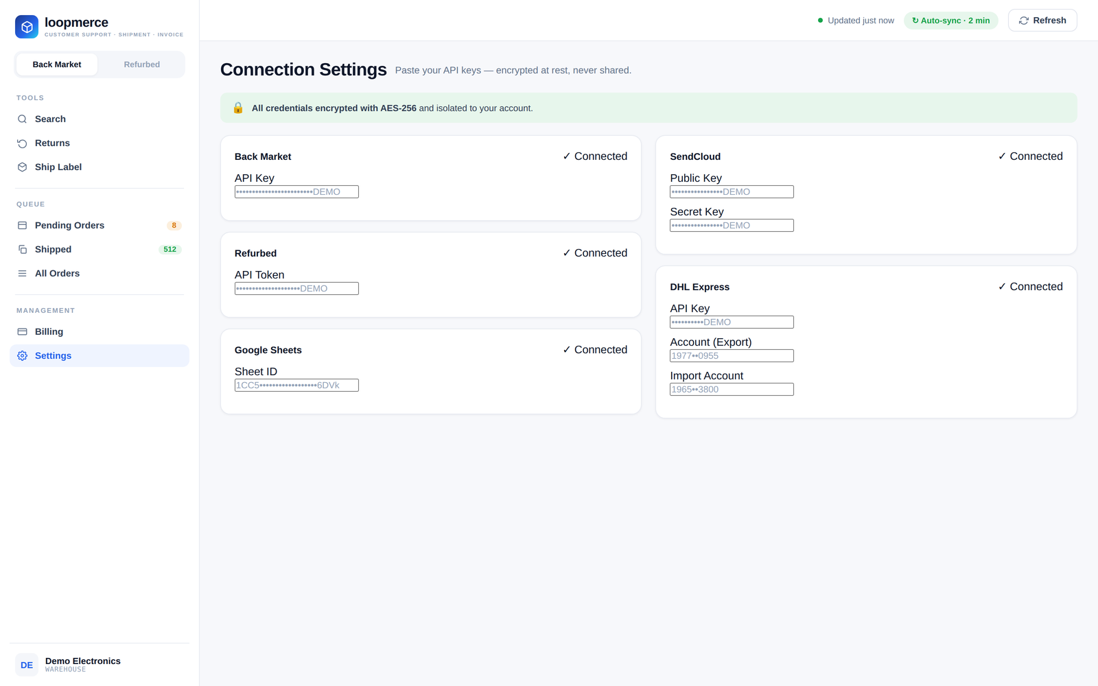 Settings screen for connecting marketplace, carrier and Google Sheet keys