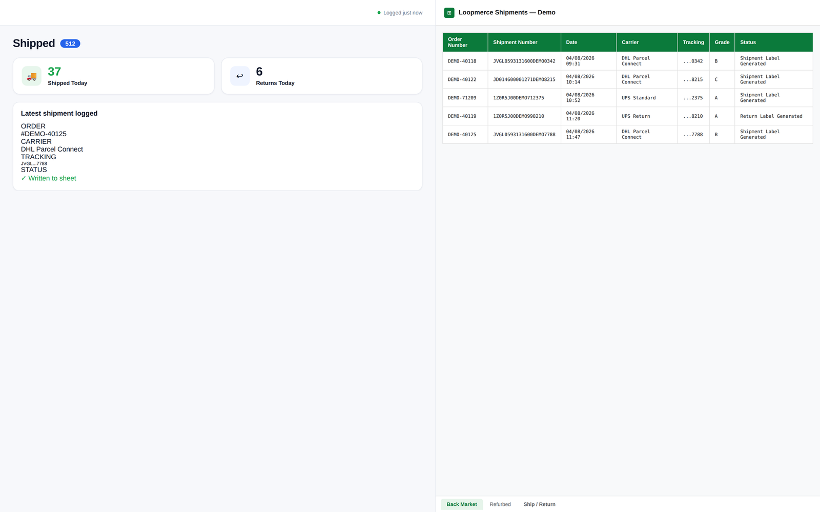 Every shipment and return written to the seller's own Google Sheet across separate marketplace tabs and a combined ledger