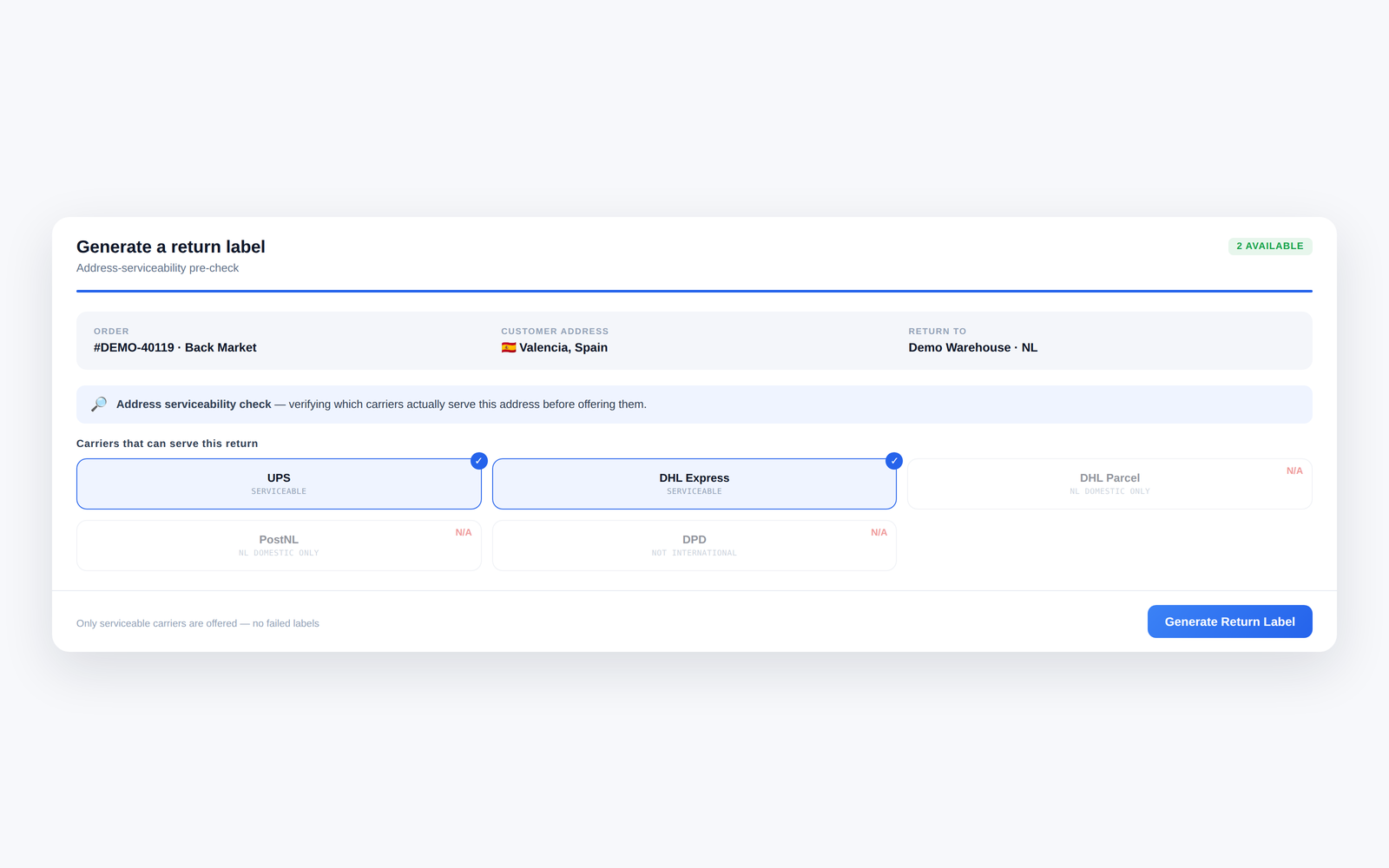 Return serviceability pre-check verifying which carriers serve the customer address before a label is offered