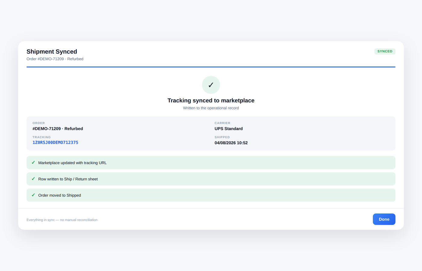 Tracking synced back to the marketplace after an order ships